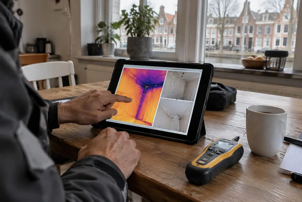 Lekdetectie Breda – lekdetectierapport met warmtebeelden en foto's op een tablet