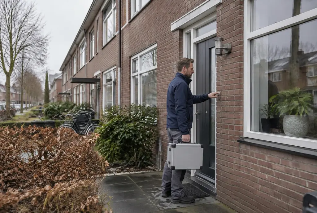 Lekdetectiespecialist met meetkoffer bij de voordeur van een woning in Breda